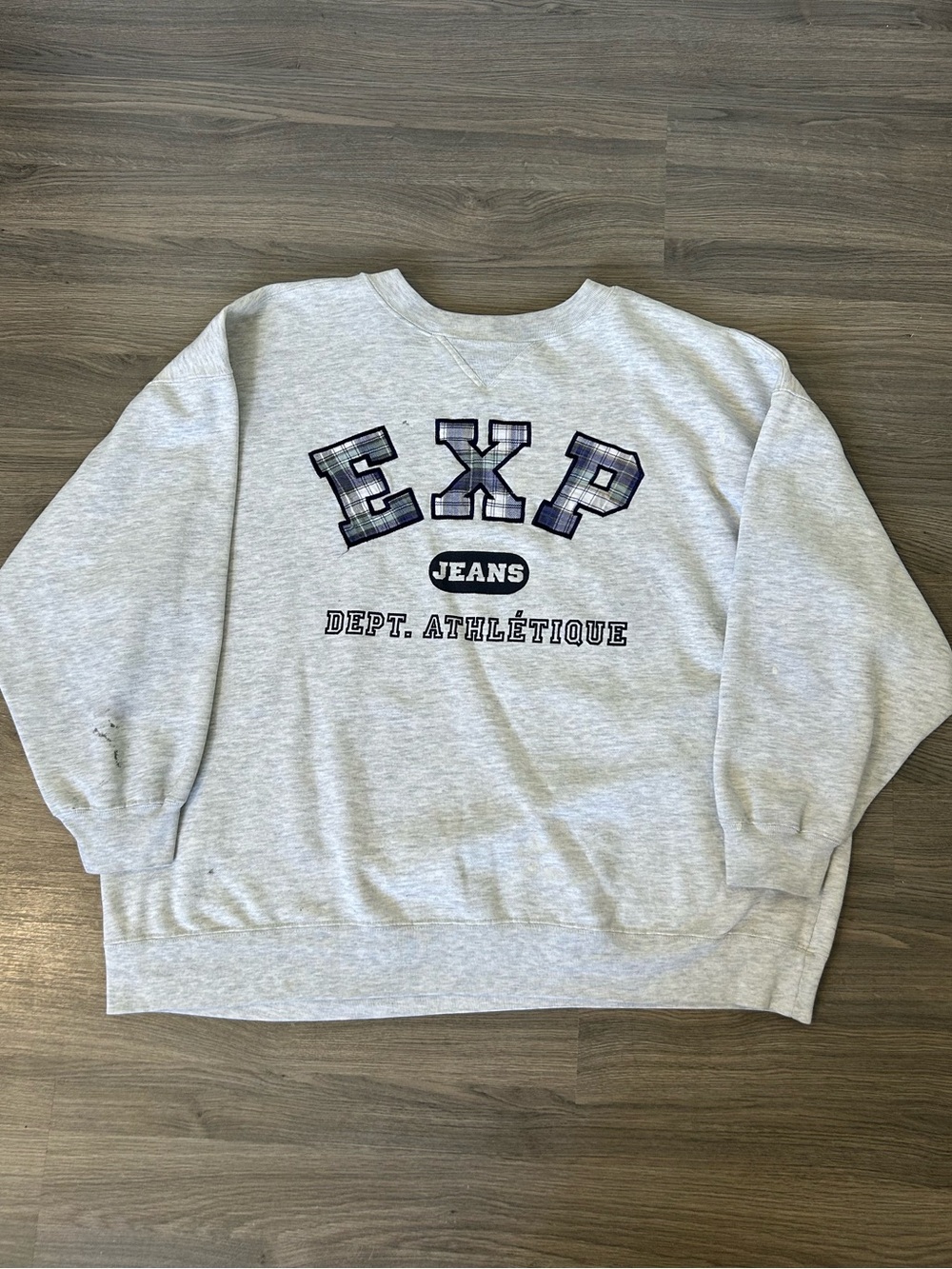 Vintage EXP Jeans Dept Oversized Grey Graphic Patch Crewneck Sweatshirt Plaid